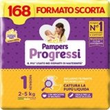Pampers Progressi Newborn, Taglia 1 (2-5 kg), Formato Scorta, Indicatore di Bagnato, Protezione Pelli Delicate Prima Infanzia, Linguette Rinforzate, Anti-Fuoriuscite, 168 Pannolini Neonato