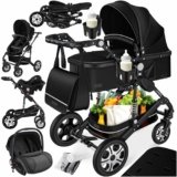 KESSER® Carrozzina 3in1 Loops, Carrozzina Combinata con navicella, Seggiolino sportivo, Seggiolino auto, Borsa Fasciatoio, Parapioggia, Tavolino per Bambini, Nero/Nero
